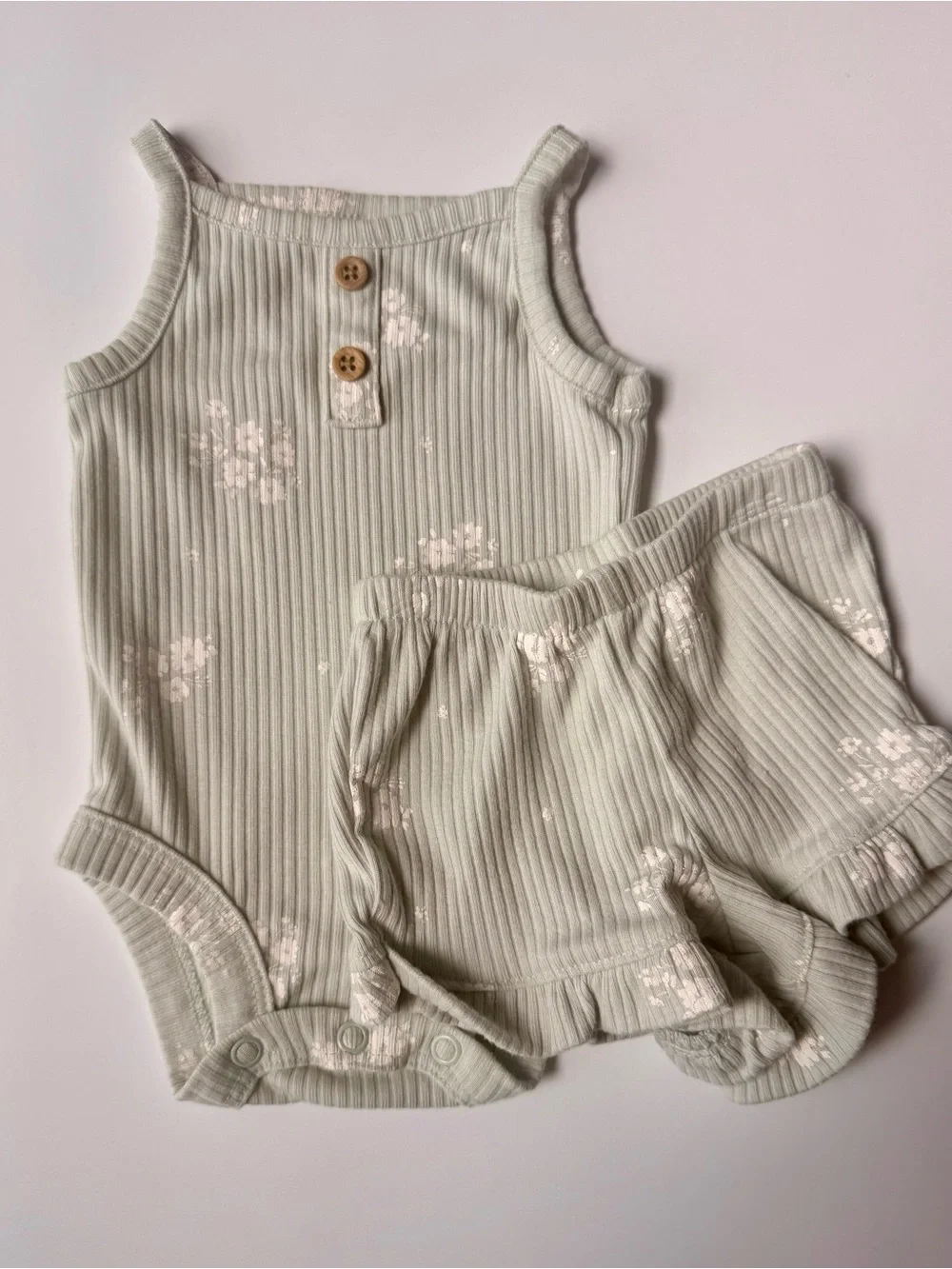 Carter's Sage Green Ribbed Tank Romper and Shorts Set with White Floral